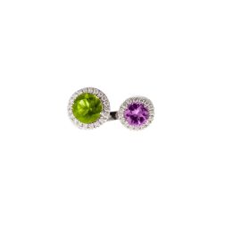 Anello Design Aperto Peridoto 9mm e Ametista 7mm contorno Diamanti