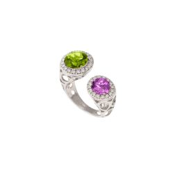 Anello Design Aperto Peridoto 9mm e Ametista 7mm contorno Diamanti