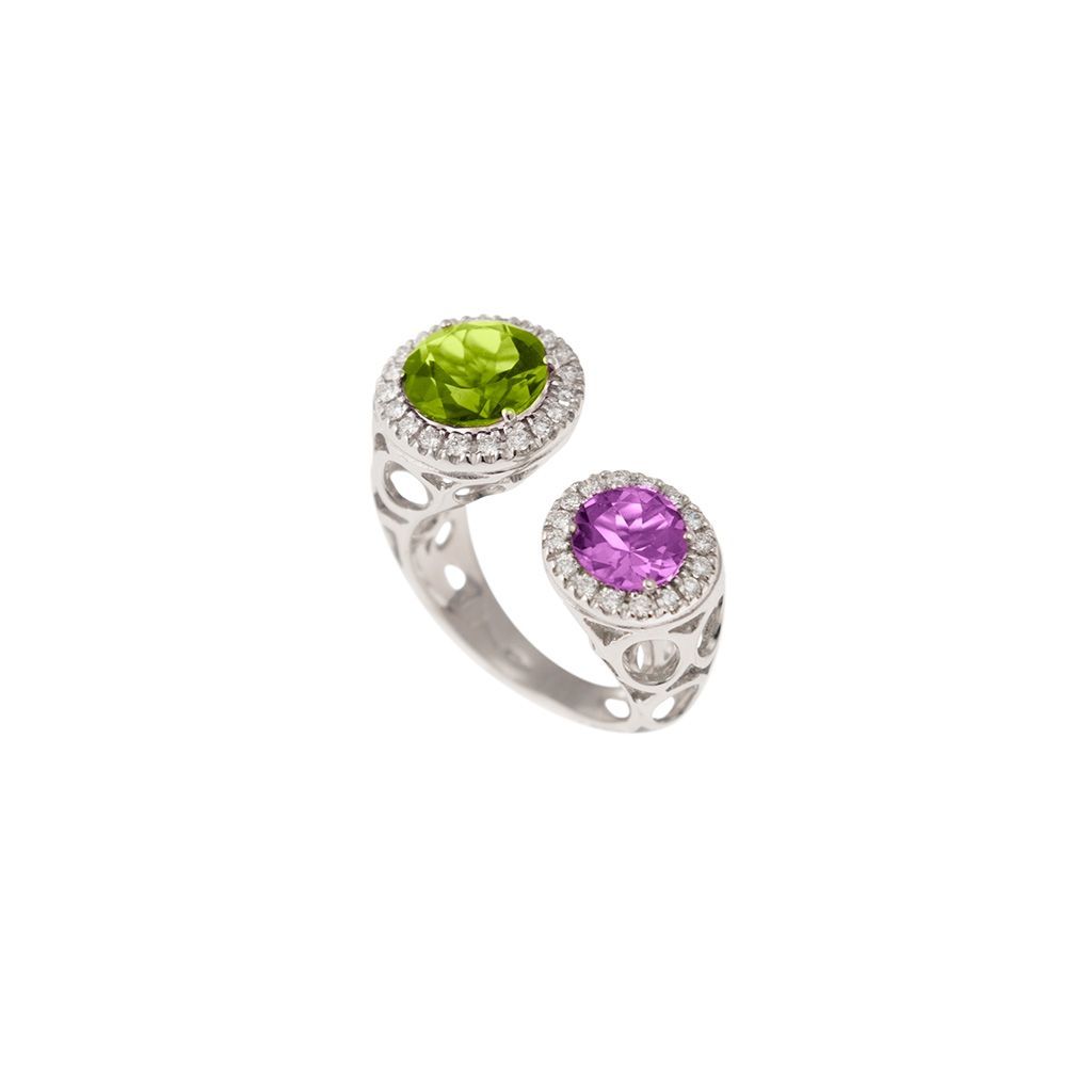 Anello Design Aperto Peridoto 9mm e Ametista 7mm contorno Diamanti