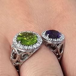 Photo of worn Open Design Ring with 9mm Peridot and 7mm Amethyst surrounded by Diamonds
