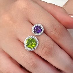 Photo of worn Open Design Ring with 9mm Peridot and 7mm Amethyst surrounded by Diamonds
