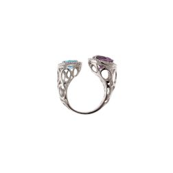 Anello Design Aperto Ametista 9mm e Acquamarina 7mm contorno Diamanti