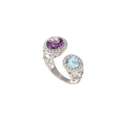 Anello Design Aperto Ametista 9mm e Acquamarina 7mm contorno Diamanti