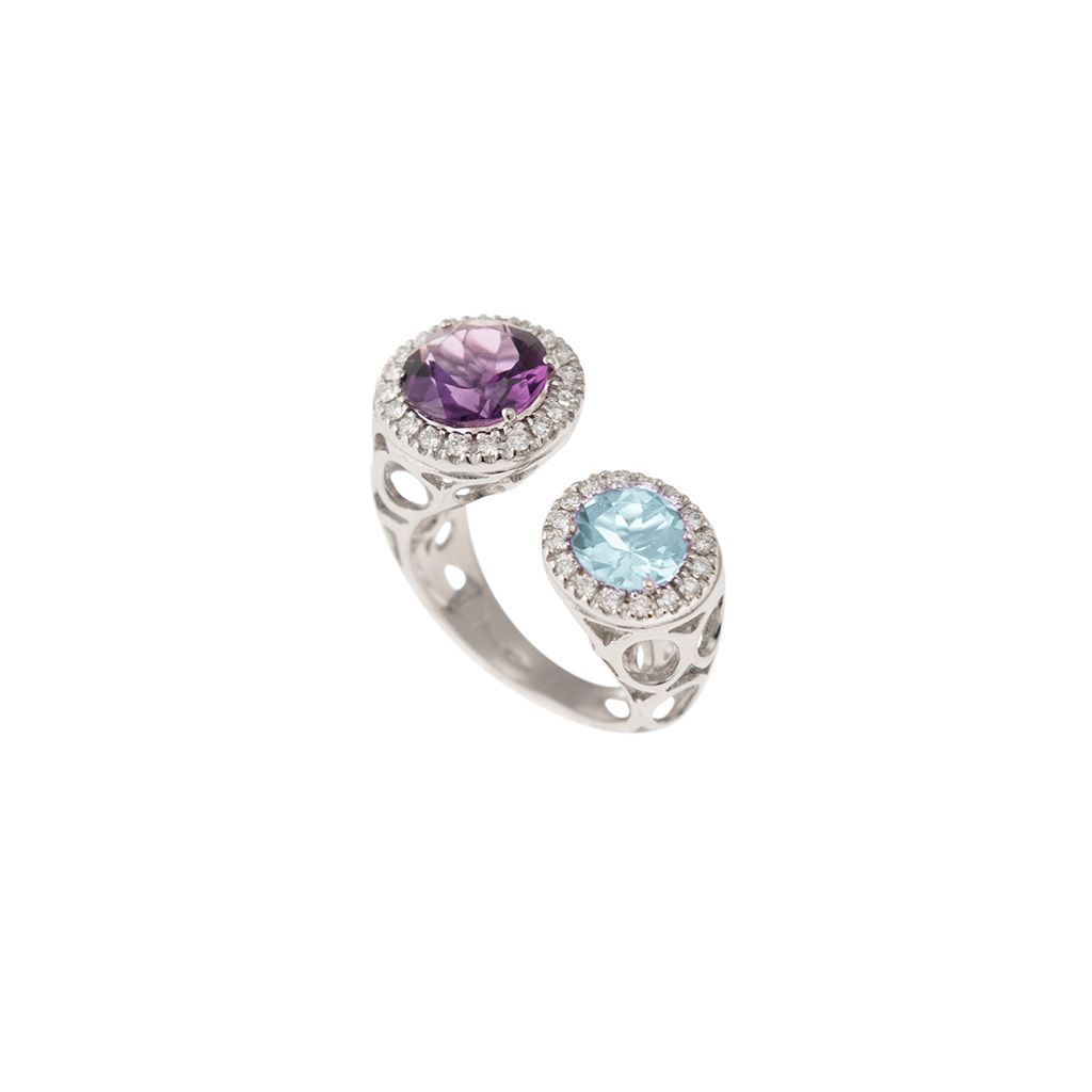 Anello Design Aperto Ametista 9mm e Acquamarina 7mm contorno Diamanti