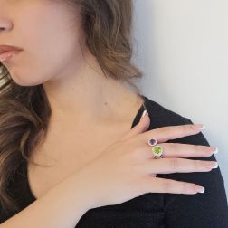 Photo of worn Open Design Ring with 9mm Peridot and 7mm Amethyst surrounded by Diamonds