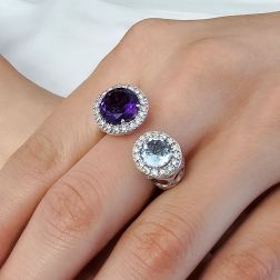 Photo of worn Open Design Ring with 9mm Amethyst and 7mm Acquamarine surrounded by Diamonds