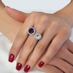 Photo of worn Open Design Ring with 9mm Amethyst and 7mm Acquamarine surrounded by Diamonds