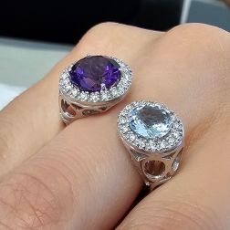 Photo of worn Open Design Ring with 9mm Amethyst and 7mm Acquamarine surrounded by Diamonds