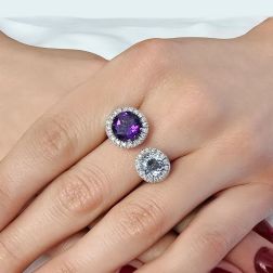 Photo of worn Open Design Ring with 9mm Amethyst and 7mm Acquamarine surrounded by Diamonds
