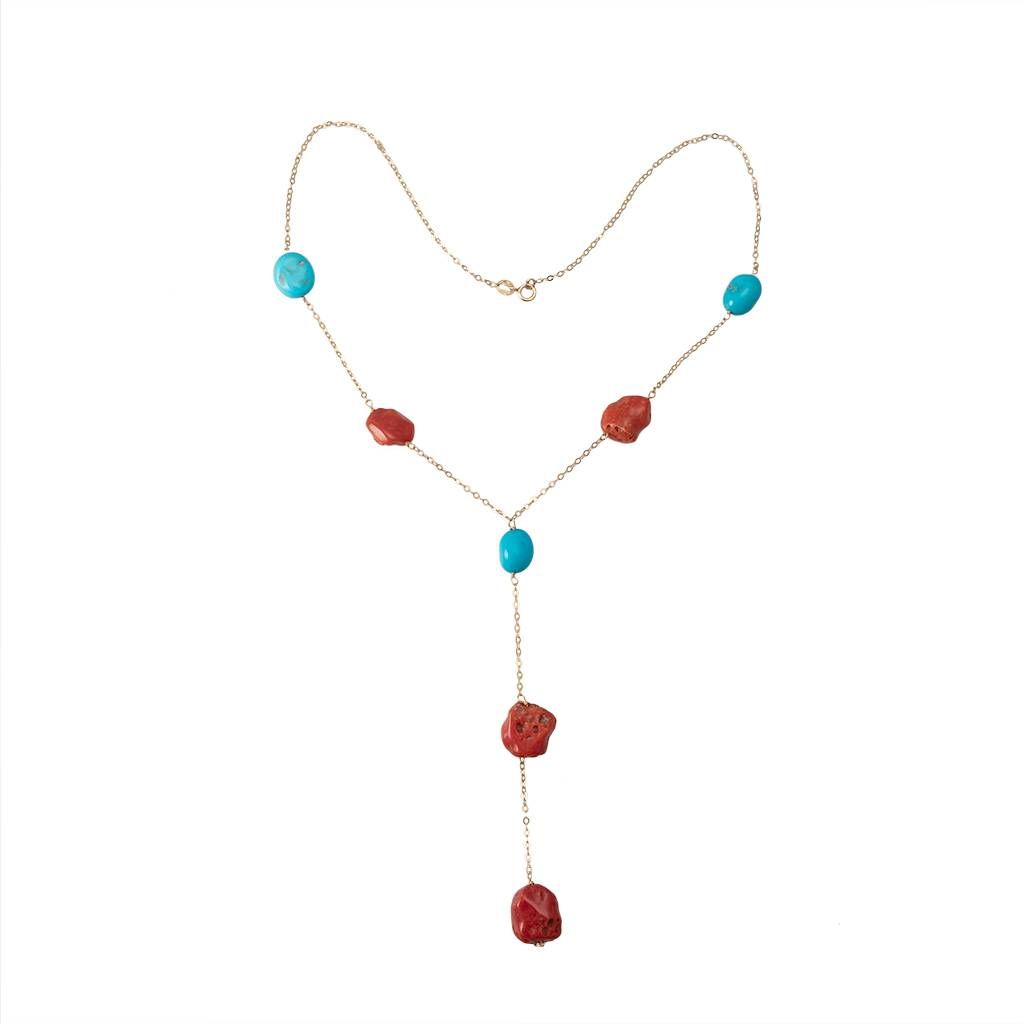 Collana Girocollo con Laccetto in Oro Giallo con Corallo e Turchese