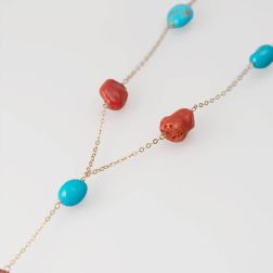 Collana Girocollo con Laccetto in Oro Giallo con Corallo e Turchese