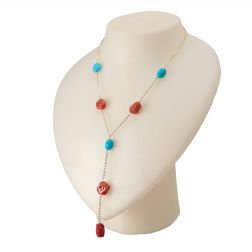 Collana Girocollo con Laccetto in Oro Giallo con Corallo e Turchese