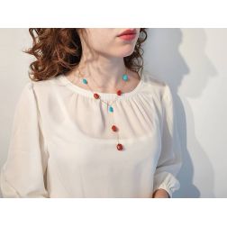 photo of worn Y Necklace in Yellow Gold and Red Coral and Turquoise