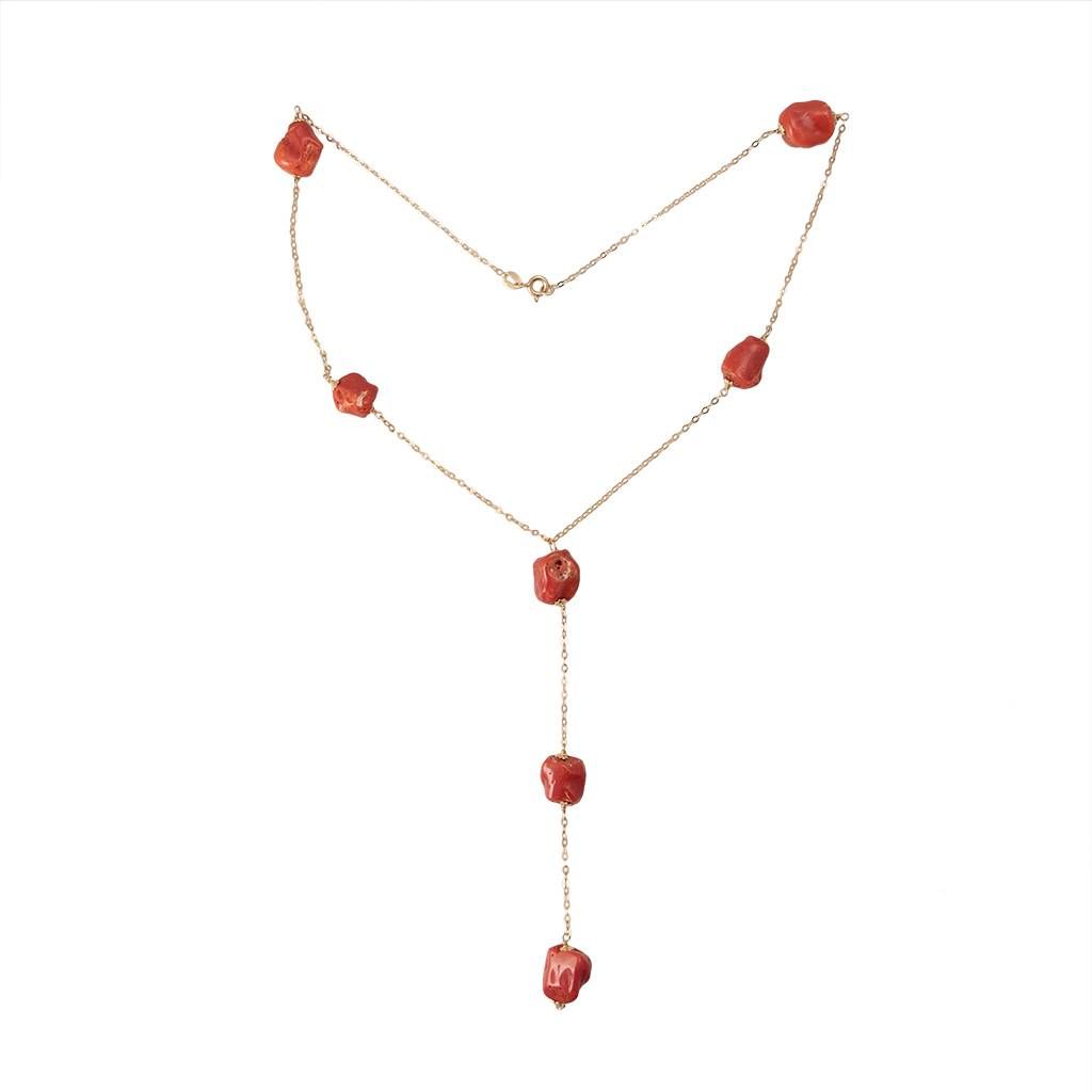 Y Necklace in Yellow Gold and Red Coral