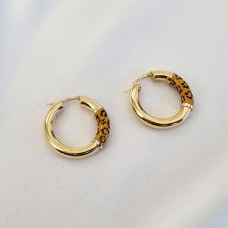 Boccole tonde oro giallo con smalto motivo animalier leopardato - 2.80cm x 5.20mm