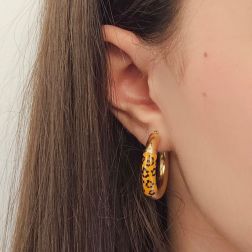 Photo of worn yellow gold Hoop Earrings with enamel and animal motif 2.80cm x 5.20mm