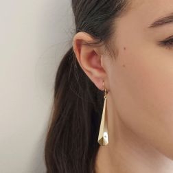 photo of worn Super-lightweight elongated prism pendant earrings in yellow gold