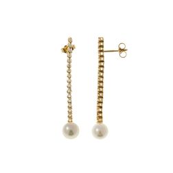 Yellow Gold Dangle Earrings with 34 Diamonds and Akoya Pearls