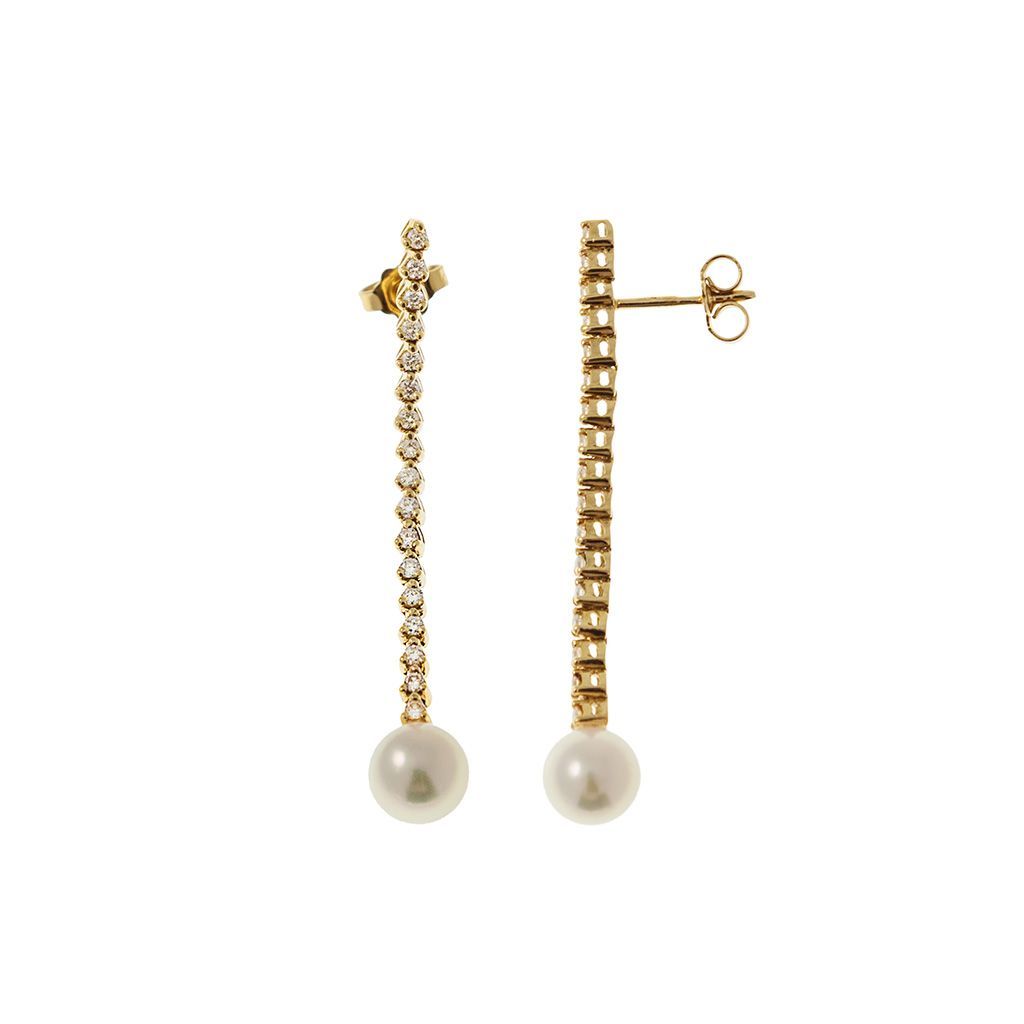 Yellow Gold Dangle Earrings with 34 Diamonds and Akoya Pearls