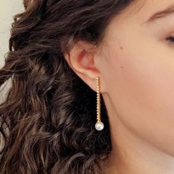 Photo of worn Yellow Gold Dangle Earrings with 34 Diamonds and Akoya Pearls