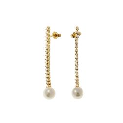 Yellow Gold Dangle Earrings with 34 Diamonds and Akoya Pearls