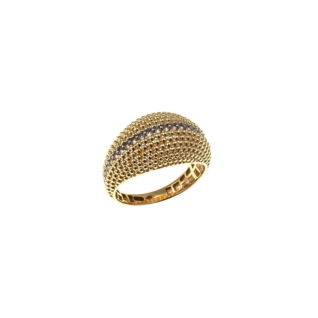 Yellow Gold Curved Knurled Ring with Zircons