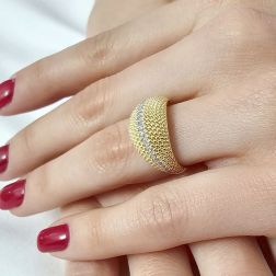 phot of worn Yellow Gold Curved Knurled Ring with Zircons