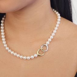 Collana Perle Akoya con susta cerchi ondulati Bicolore foto indossata