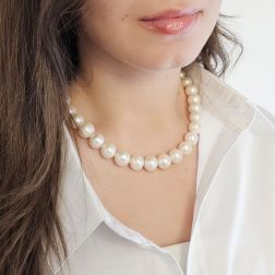 Photo of worn Freshwater pearl necklace with a Hidden Clasp in 18kt White Gold