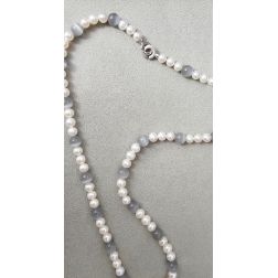 Collana lunga 69cm con Perle Bianche e Occhio di gatto