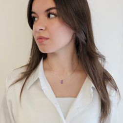 Photo of worn Trilogy Amethyst Necklace (1.25 cm x 4.7 mm)