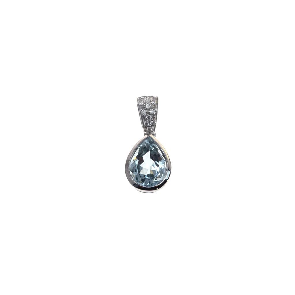 Teardrop-shaped aquamarine pendant with 10 pavé-set diamonds