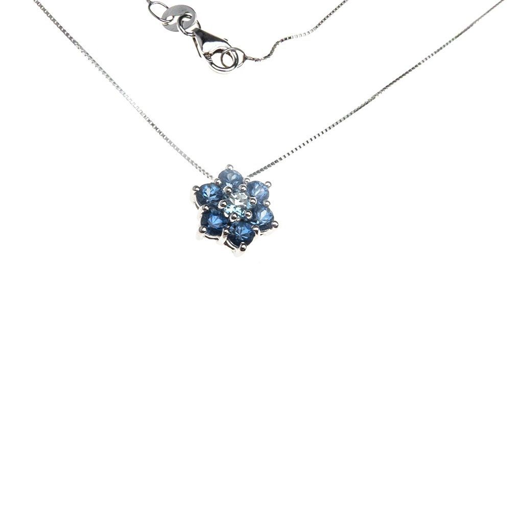 Collana con ciondolo Fiore 9mm Acquamarina centrale e Zaffiri Blu contorno