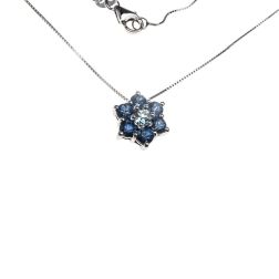 Collana con ciondolo Fiore 9mm Acquamarina centrale e Zaffiri Blu contorno