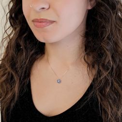 Photo of worn Acquamarine and Blue Sapphires 9cm Flower Necklace