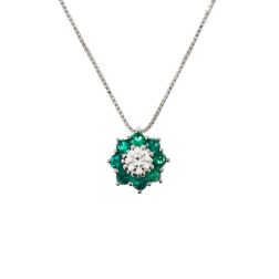 Collana con ciondolo Fiore 9mm Diamante 0.24ct GIA centrale e Smeraldi