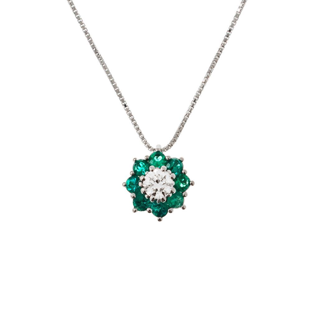Collana con ciondolo Fiore 9mm Diamante 0.24ct GIA centrale e Smeraldi