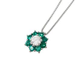 Collana con ciondolo Fiore 9mm Diamante 0.24ct GIA centrale e Smeraldi