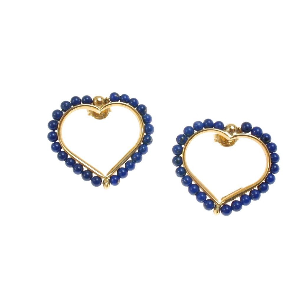 18kt Yellow Gold Lobe Earrings – Heart with Blue Lapis