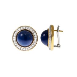 Round Cabochon Lapis earrings with a Diamond border Bi-colour