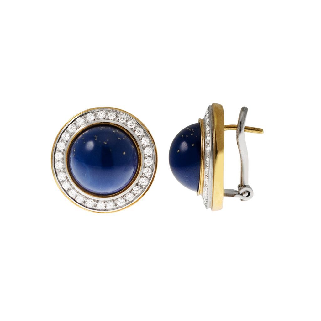 Round Cabochon Lapis earrings with a Diamond border Bi-colour