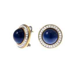 Round Cabochon Lapis earrings with a Diamond border Bi-colour