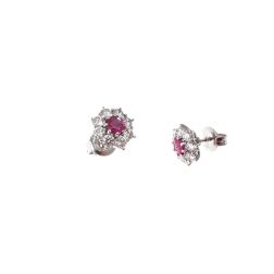 4mm Ruby Flower Earrings with 16 Diamonds