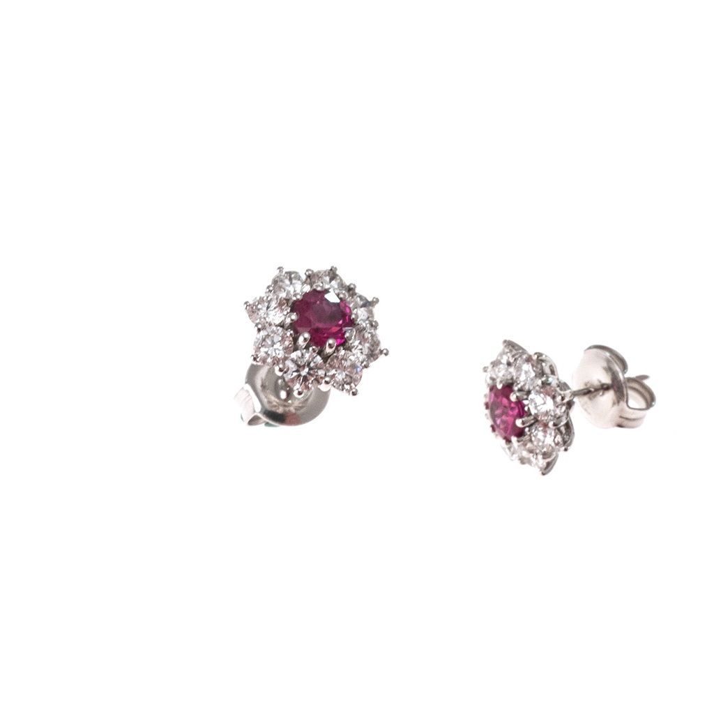 Orecchini Fiori Rubini 4mm e 16 Diamanti