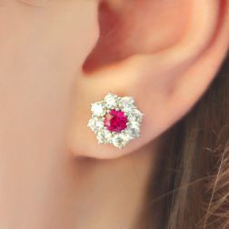 4mm Ruby Flower Earrings with 16 Diamonds