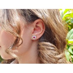 4mm Ruby Flower Earrings with 16 Diamonds