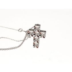 Faceted Cross Necklace with 6 Diamonds - Rolò chain