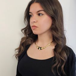 Photo of worn Yellow Gold segmented necklace with Onyx and pavé Diamonds