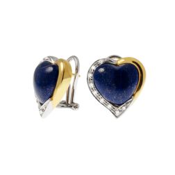 Orecchini Lapislazzuli Cabochon Cuore e Diamanti laterali - Bicolor