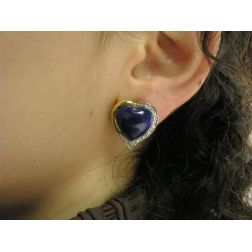 Orecchini Lapislazzuli Cabochon Cuore e Diamanti laterali - Bicolor foto indossata